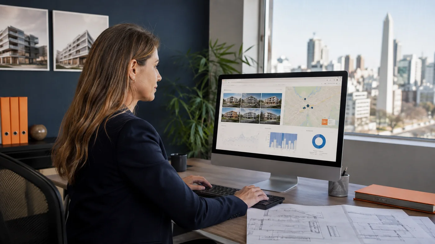 Profesional inmobiliaria analizando propiedades, mapas y rendimiento digital