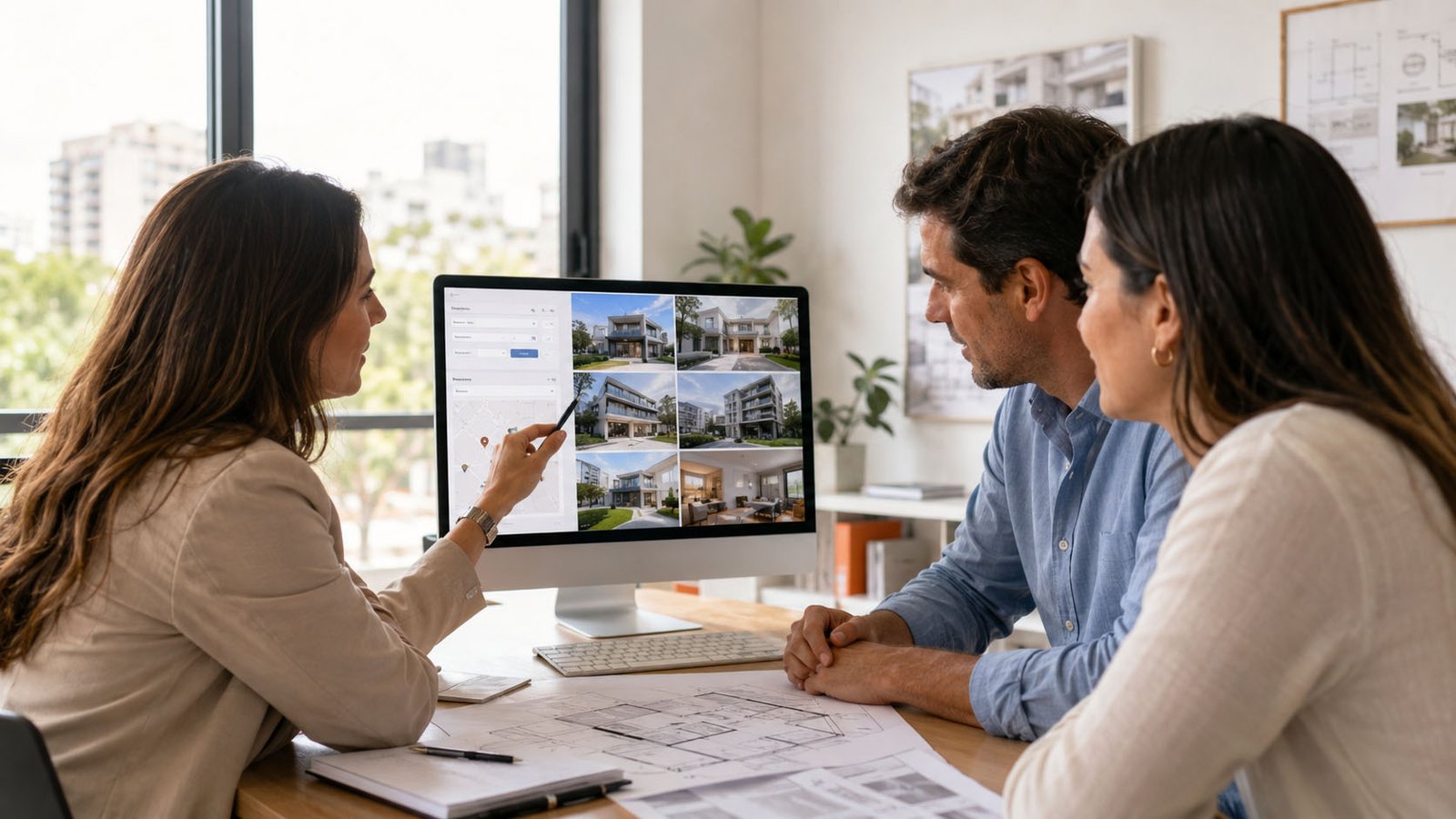 Agente inmobiliaria mostrando un catálogo digital de propiedades desde una computadora.