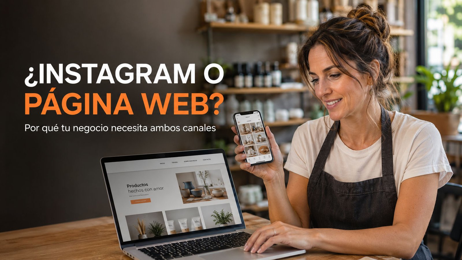 Comerciante administrando Instagram y la página web de su negocio desde una computadora y un teléfono celular