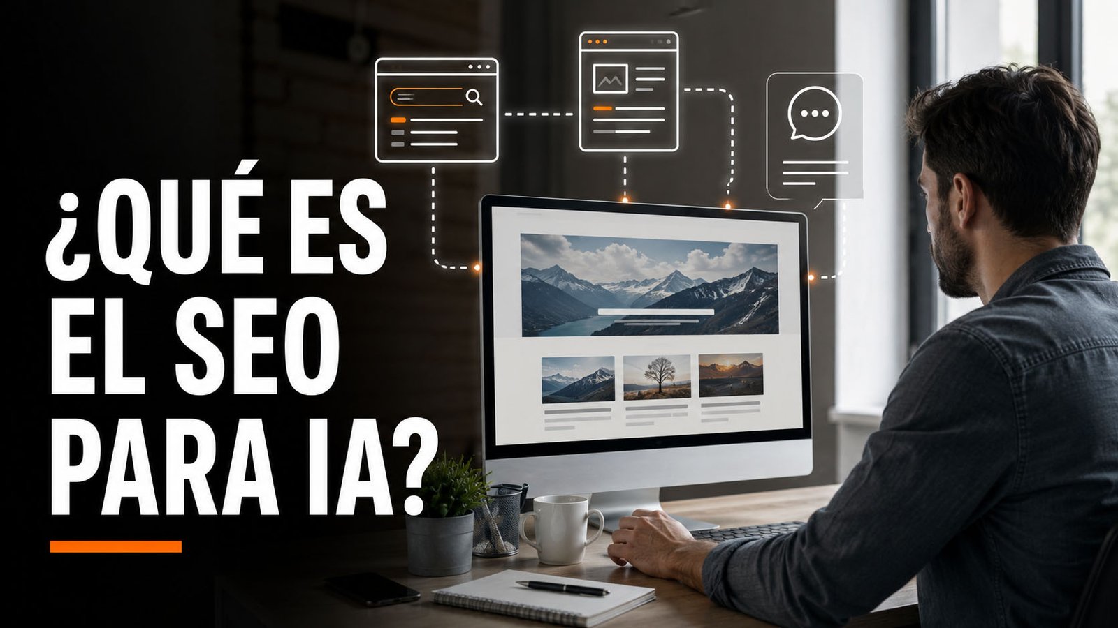 Profesional optimizando una página web para buscadores y asistentes de inteligencia artificial.