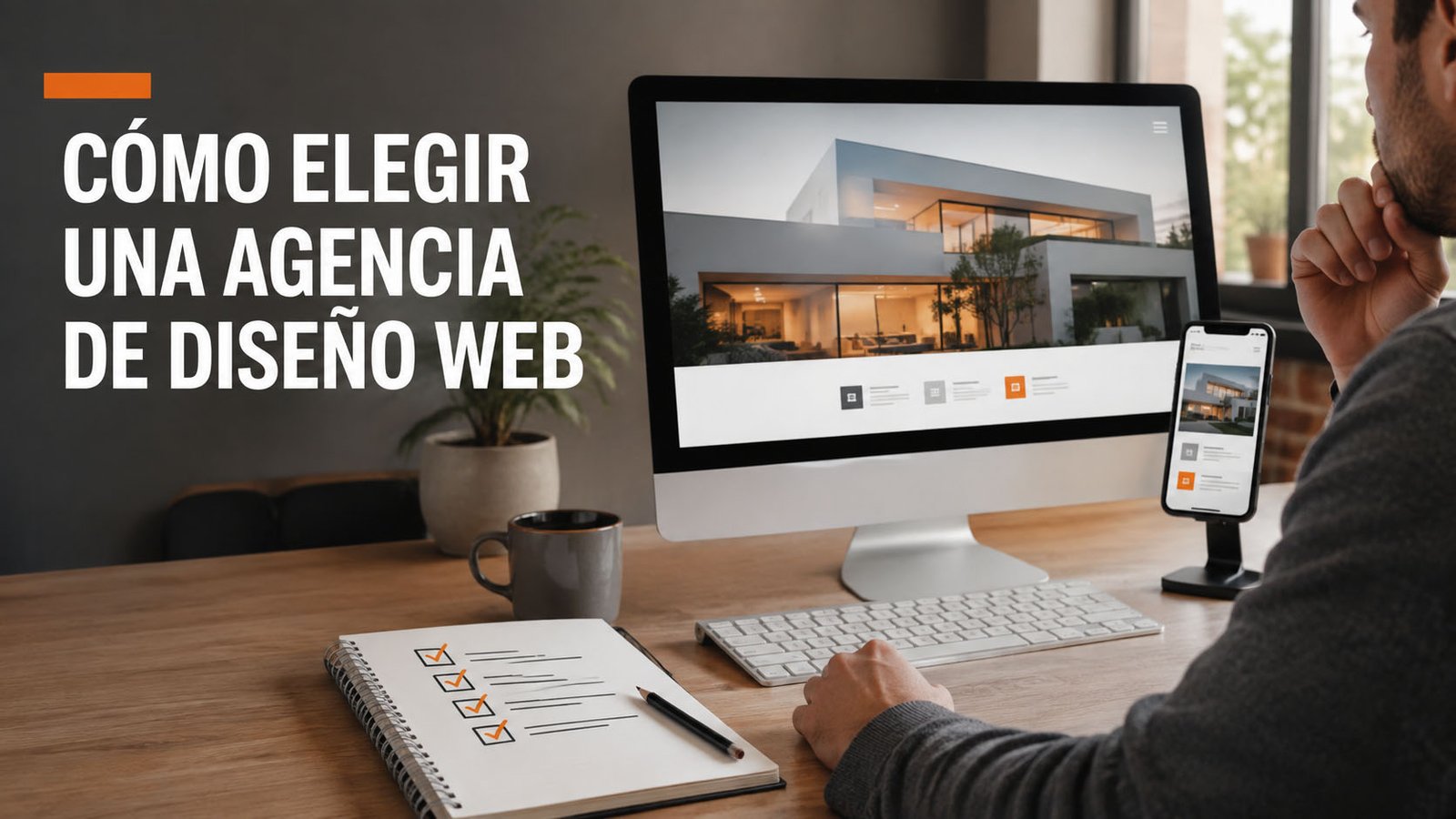 Emprendedor comparando opciones para elegir una agencia de diseño web profesional en una computadora y un celular.