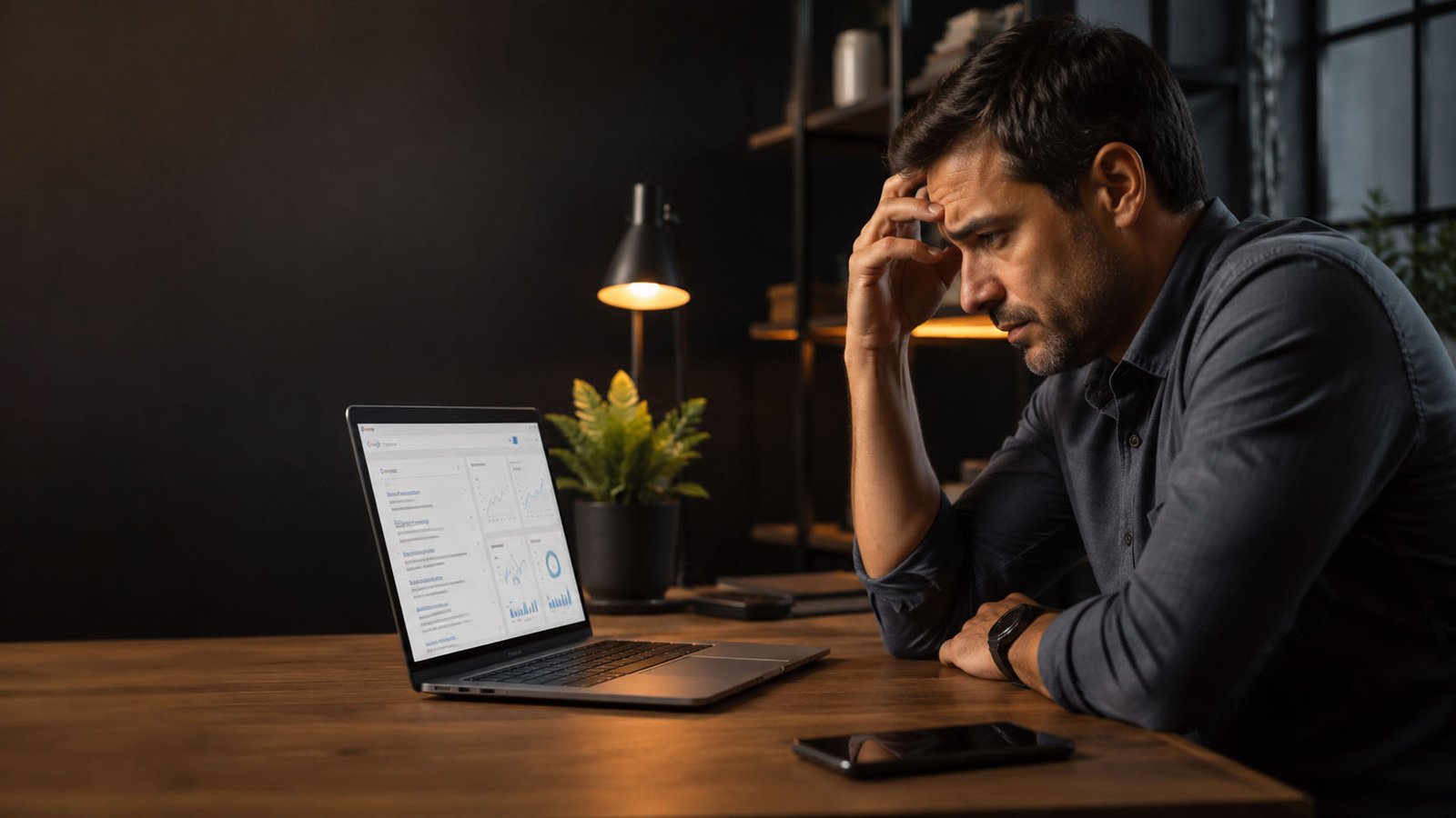 Dueño de un comercio revisando en una notebook por qué su página web no aparece en Google.