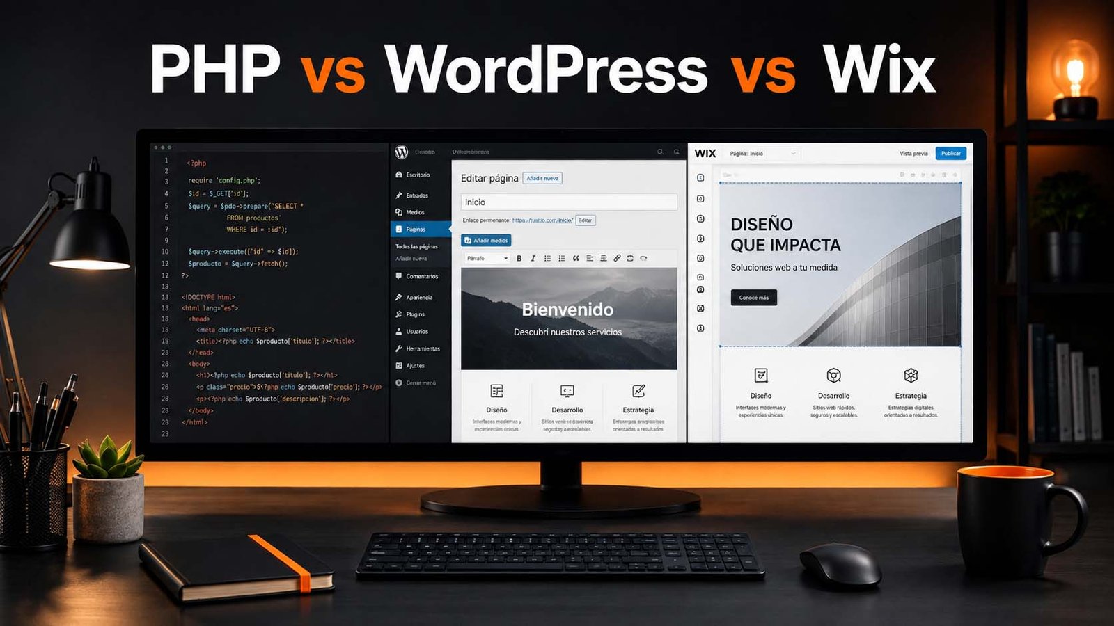 Comparación entre desarrollo web con PHP, WordPress y Wix en un monitor de computadora.