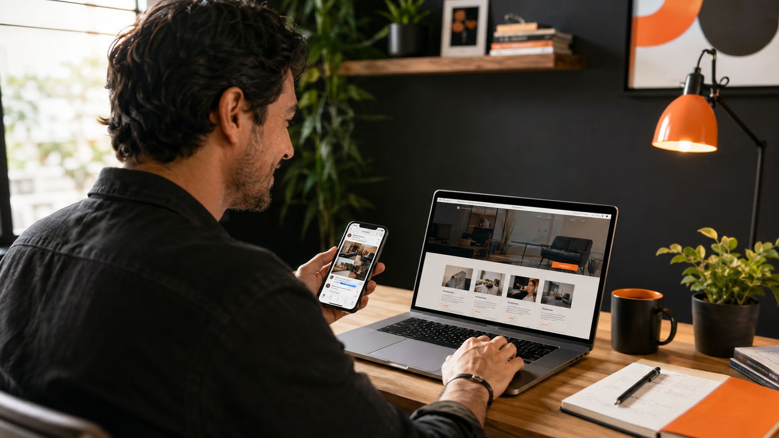 Emprendedor utilizando Instagram y una página web profesional para promocionar su negocio y recibir consultas online.