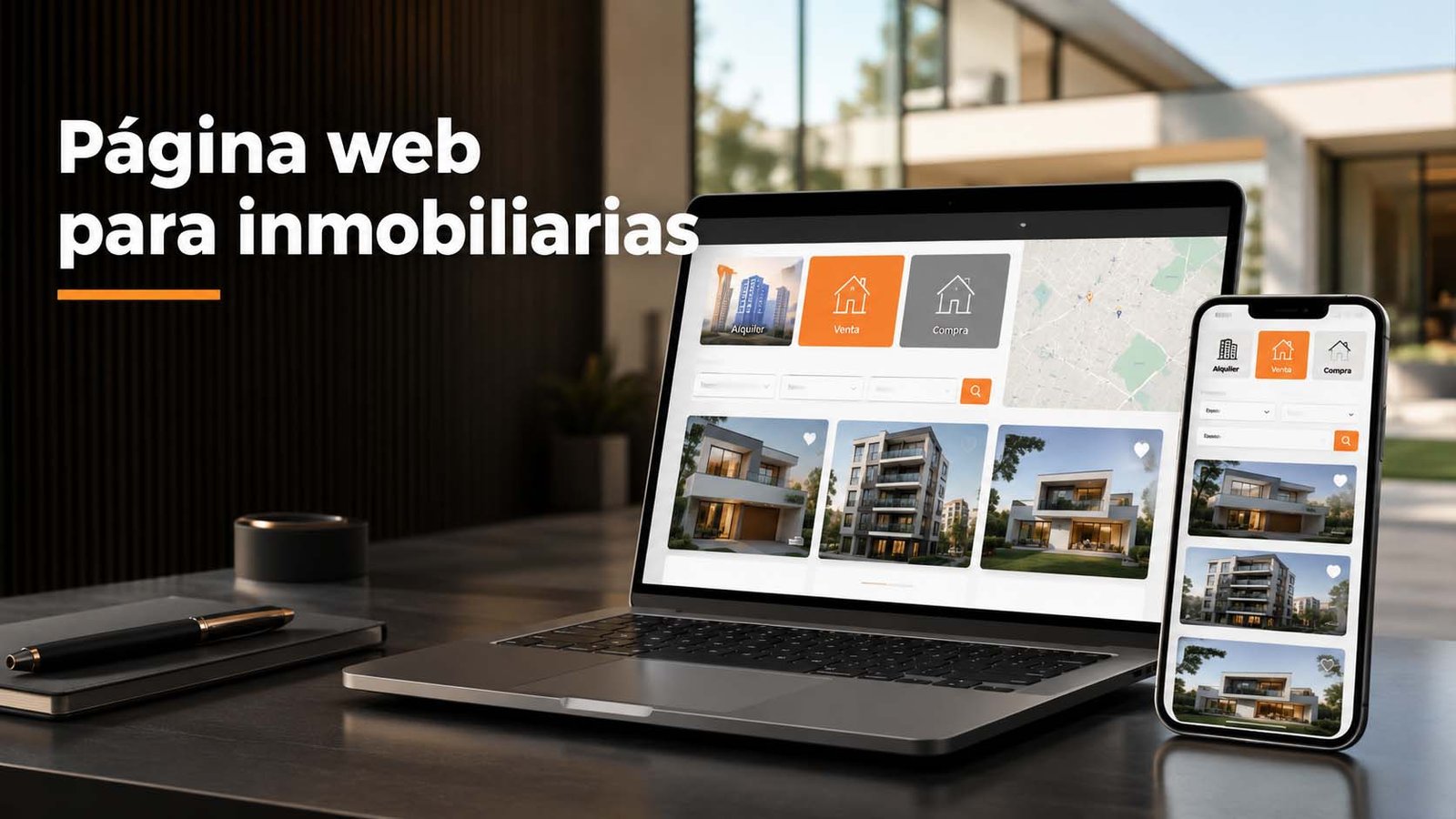 Página web para inmobiliarias con buscador, mapa y catálogo de propiedades mostrada en una computadora y un celular.