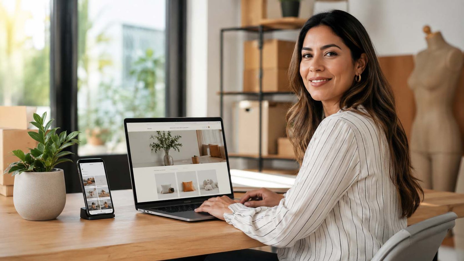 Emprendedora utilizando una página web profesional en una notebook junto a un celular con sus redes sociales.
