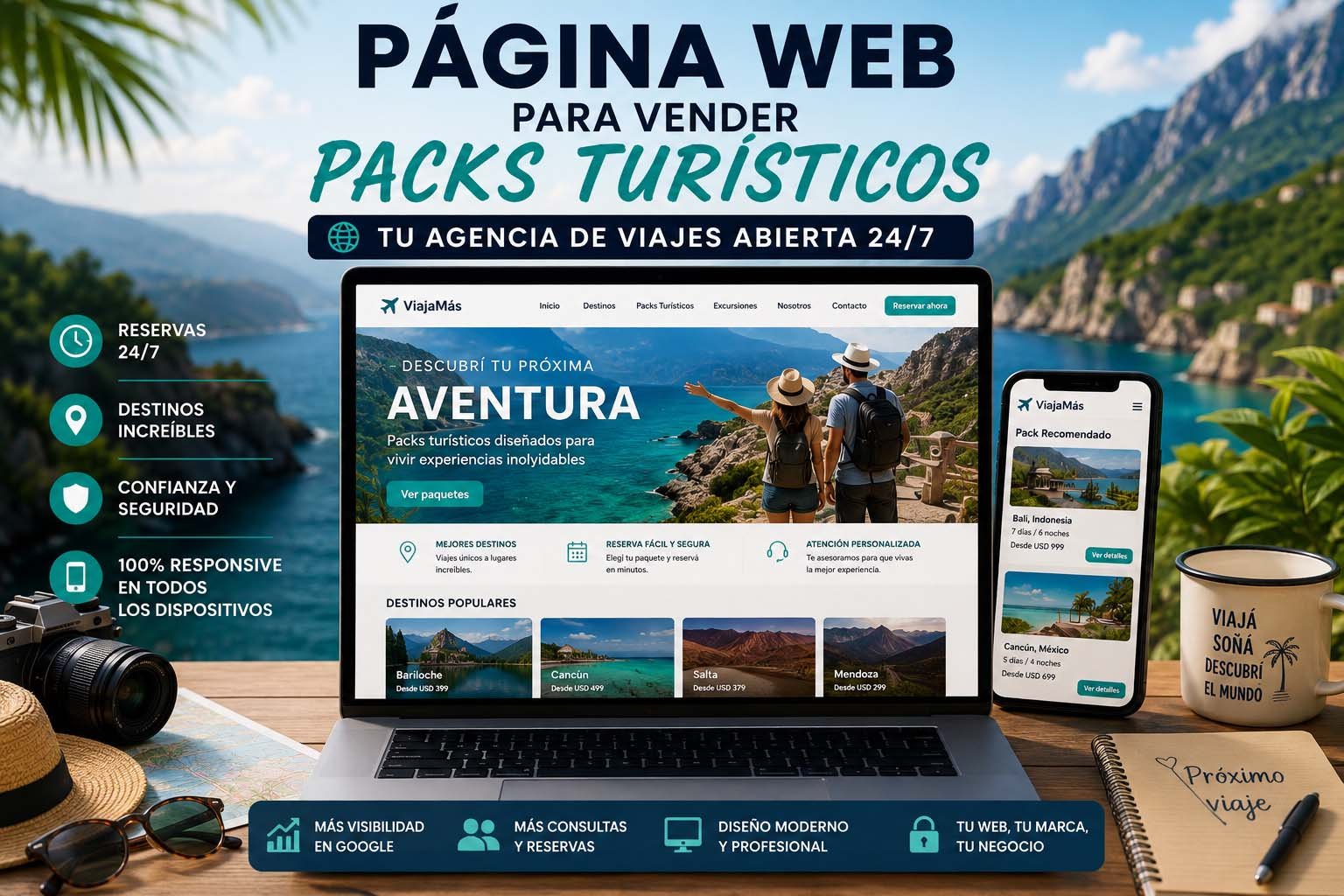 Página web para vender packs turísticos y recibir reservas online desde computadora y celular