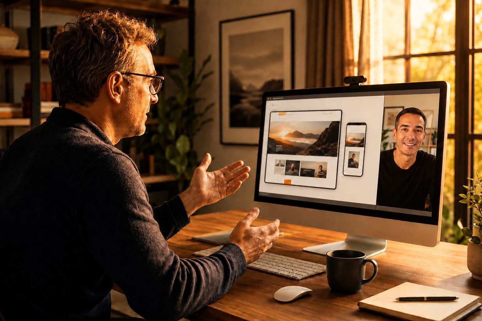 Empresario reunido por videollamada con un diseñador web para revisar un proyecto de página web profesional.
