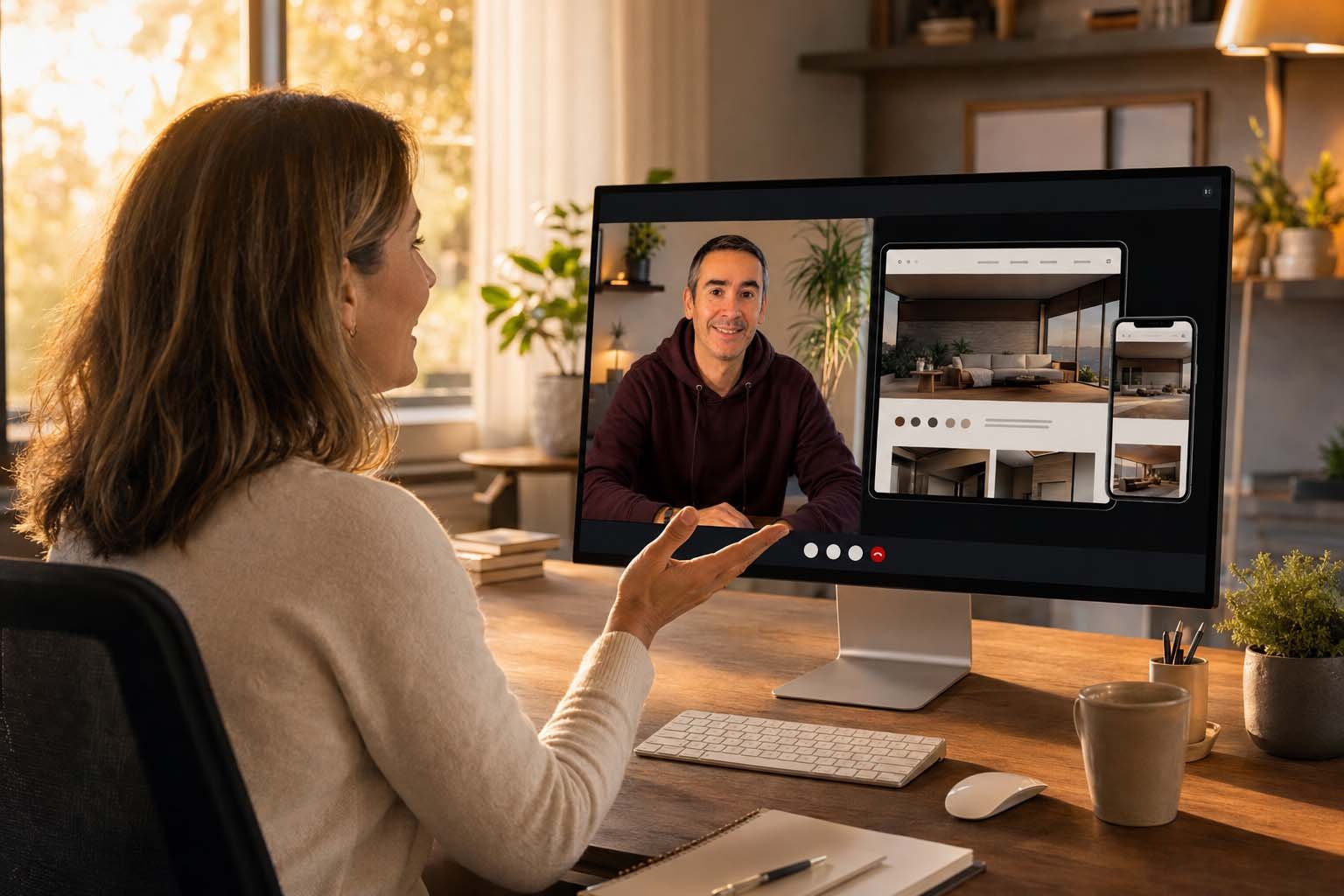 Empresario de España o Latinoamérica trabajando por videollamada con un diseñador web ubicado en otro país para desarrollar una página web profesional.