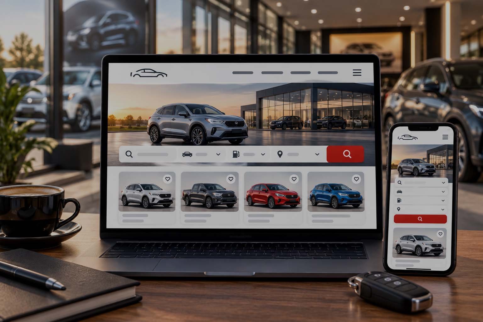 Página web moderna para concesionaria de autos con catálogo de vehículos, buscador y filtros