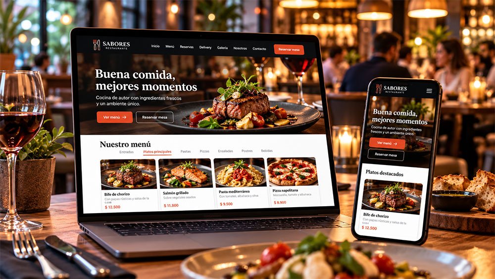 Página web para restaurantes con menú digital, fotografías de platos y opciones de reservas online.